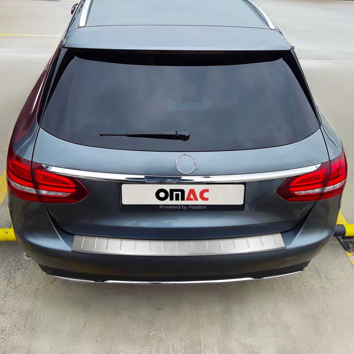 Mercedes C Class S205 Rear Bumper Sill Cover - Omac - S.Steel - Brushed Silver - '15-'23 Mercedes C Class S205 Rear Bumper Sill Cover - Omac - S.Steel - Brushed Silver - '15-'23